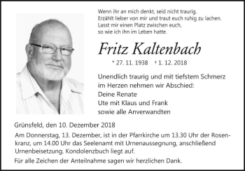 Traueranzeige von Fritz Kaltenbach von Fränkische Nachrichten