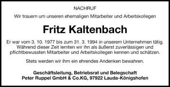 Traueranzeige von Fritz Kaltenbach von Fränkische Nachrichten