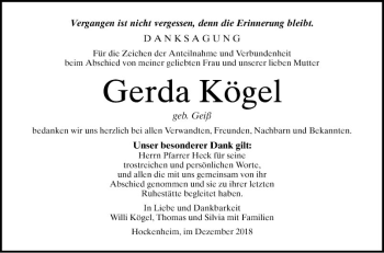 Traueranzeige von Gerda Kögel von Schwetzinger Zeitung