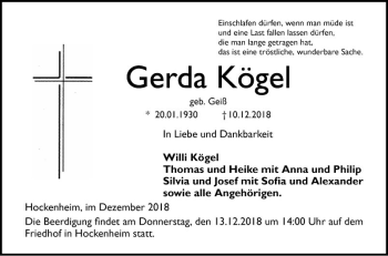 Traueranzeige von Gerda Kögel von Schwetzinger Zeitung