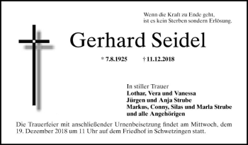 Traueranzeige von Gerhard Seidel von Schwetzinger Zeitung