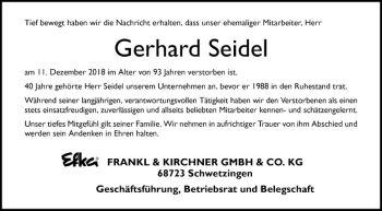 Traueranzeige von Gerhard Seidel von Schwetzinger Zeitung