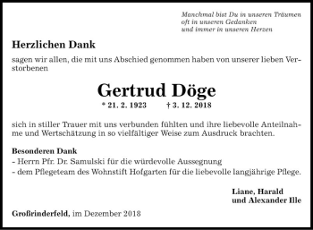 Traueranzeige von Gertrud Döge von Fränkische Nachrichten