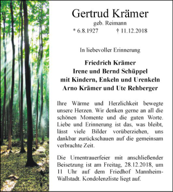 Traueranzeige von Gertrud Krämer von Mannheimer Morgen