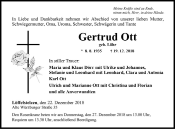 Traueranzeige von Gertrud Ott von Fränkische Nachrichten
