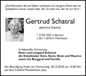 Traueranzeige von Gertrud Schatral von Mannheimer Morgen