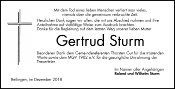 Traueranzeige von Gertrud Sturm von Schwetzinger Zeitung