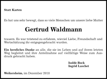 Traueranzeige von Gertrud Waldmann von Fränkische Nachrichten