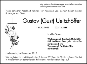 Traueranzeige von Gustav Gust Ueltzhöffer von Schwetzinger Zeitung