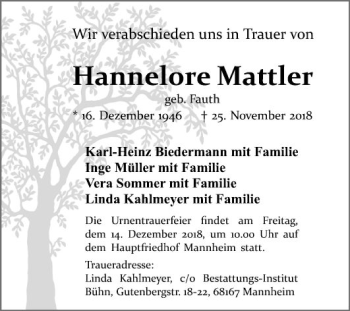 Traueranzeige von Hannelore Mattler von Mannheimer Morgen