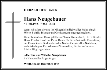 Traueranzeige von Hans Neugebauer von Fränkische Nachrichten