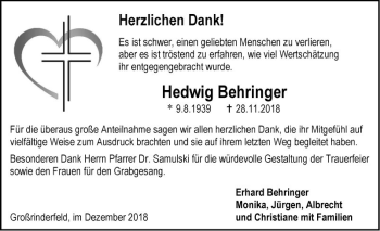 Traueranzeige von Hedwig Behringer von Fränkische Nachrichten