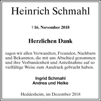 Traueranzeige von Heinrich Schmahl von Mannheimer Morgen