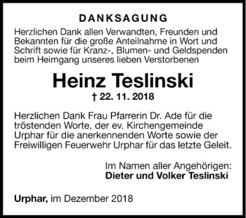 Traueranzeige von Heinz Teslinski von Fränkische Nachrichten