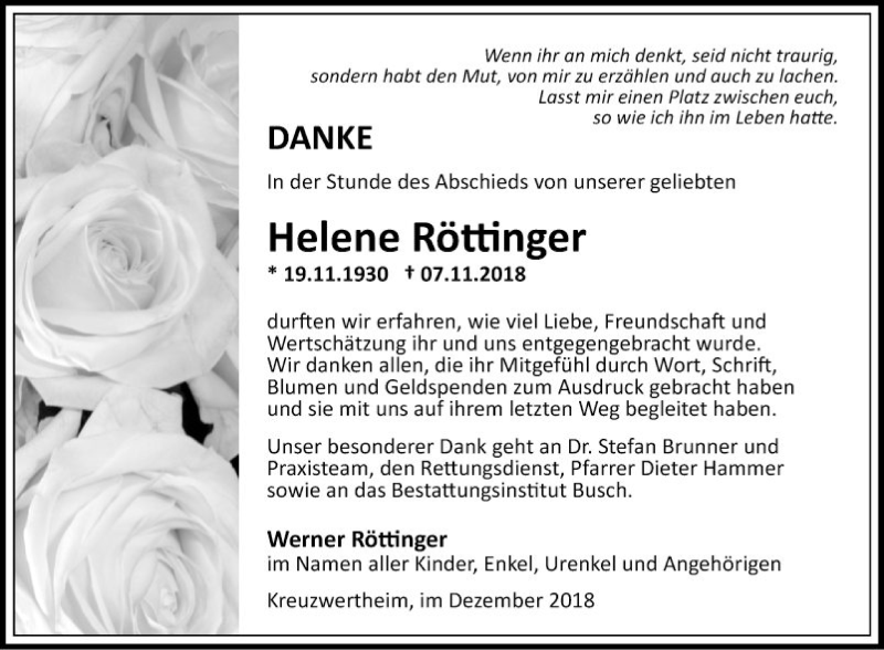  Traueranzeige für Helene Röttinger vom 15.12.2018 aus Fränkische Nachrichten