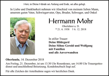 Traueranzeige von Hermann Mohr von Fränkische Nachrichten