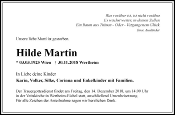 Traueranzeige von Hilde Martin von Fränkische Nachrichten