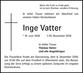 Traueranzeige von Inge Vatter von Schwetzinger Zeitung