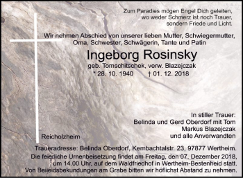 Traueranzeige von Ingeborg Rosinsky von Fränkische Nachrichten