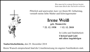 Traueranzeige von Irene Weiß von Fränkische Nachrichten