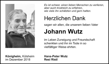 Traueranzeige von Johann Wutz von Fränkische Nachrichten