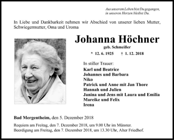 Traueranzeige von Johanna Höchner von Fränkische Nachrichten