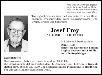 Traueranzeige von Josef Frey von Fränkische Nachrichten