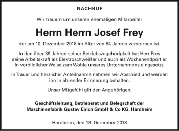 Traueranzeige von Josef Frey von Fränkische Nachrichten