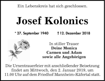 Traueranzeige von Josef Kolonics von Mannheimer Morgen