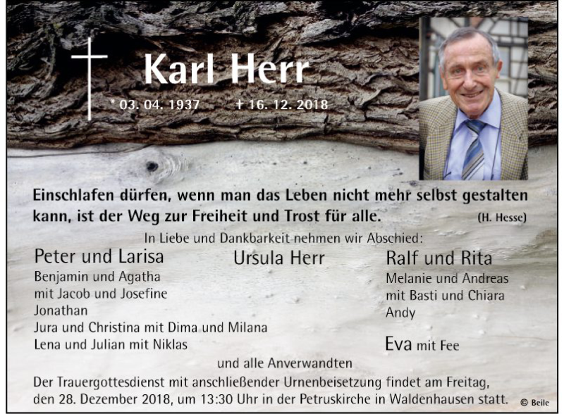  Traueranzeige für Karl Herr vom 21.12.2018 aus Fränkische Nachrichten