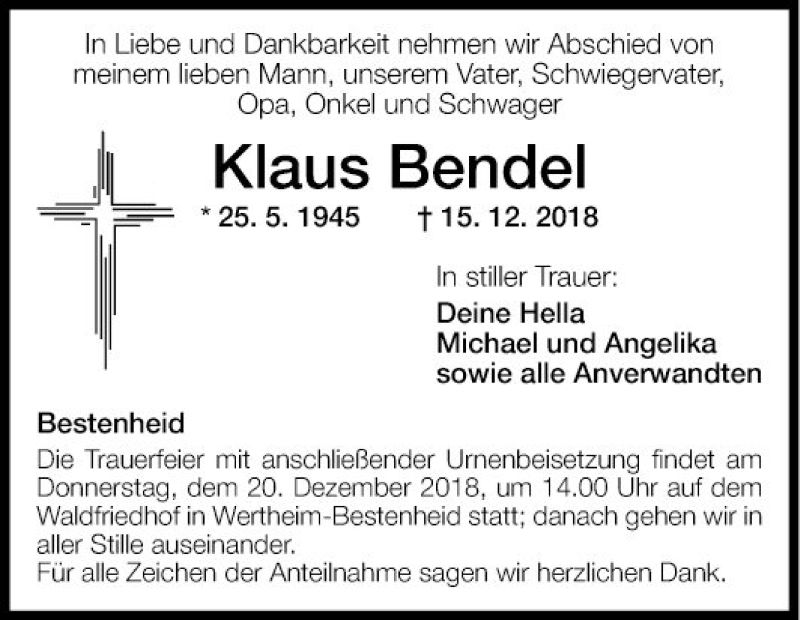  Traueranzeige für Klaus Bendel vom 18.12.2018 aus Fränkische Nachrichten