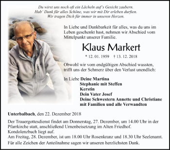 Traueranzeige von Klaus Markert von Fränkische Nachrichten