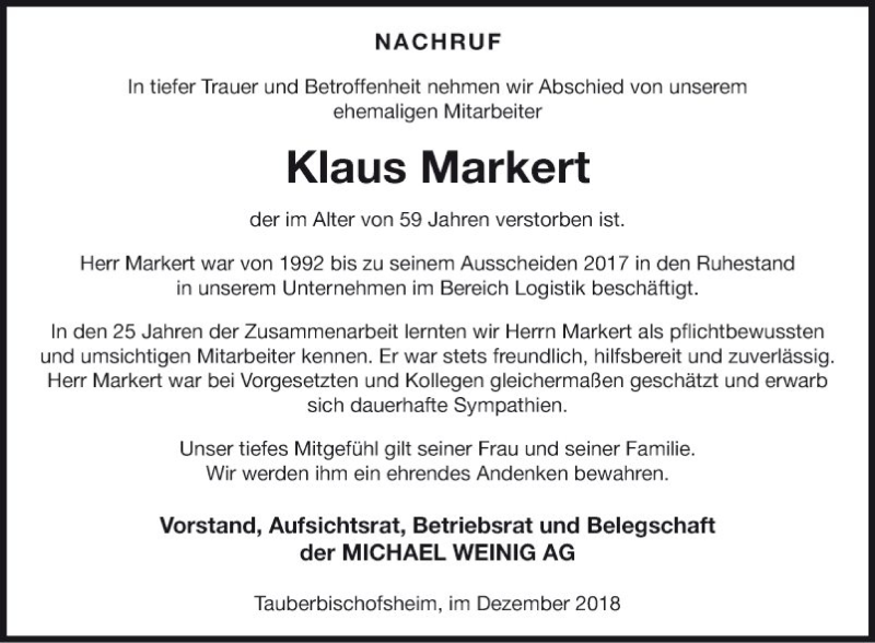  Traueranzeige für Klaus Markert vom 22.12.2018 aus Fränkische Nachrichten