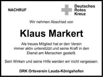 Traueranzeige von Klaus Markert von Fränkische Nachrichten