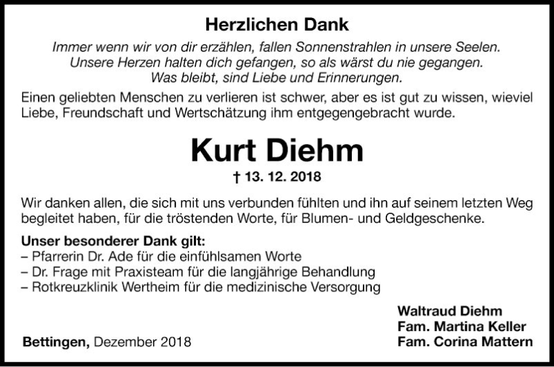  Traueranzeige für Kurt Diehm vom 31.12.2018 aus Fränkische Nachrichten