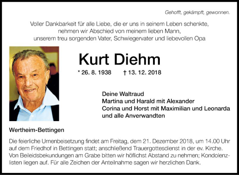  Traueranzeige für Kurt Diehm vom 15.12.2018 aus Fränkische Nachrichten