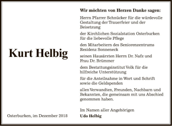 Traueranzeige von Kurt Helbig von Fränkische Nachrichten