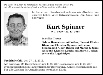 Traueranzeige von Kurt Spinner von Fränkische Nachrichten