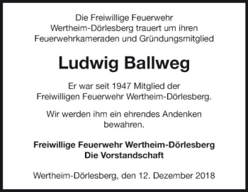 Traueranzeige von Ludwig Ballweg von Fränkische Nachrichten