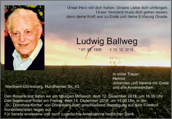Traueranzeige von Ludwig Ballweg von Fränkische Nachrichten
