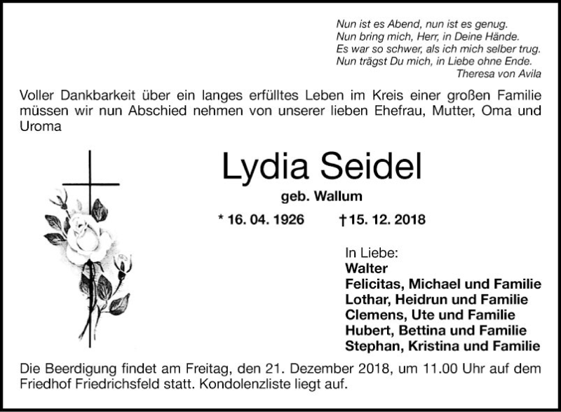  Traueranzeige für Lydia Seidel vom 19.12.2018 aus Mannheimer Morgen