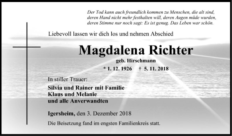  Traueranzeige für Magdalena Richter vom 03.12.2018 aus Fränkische Nachrichten