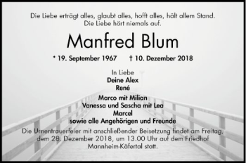 Traueranzeige von Manfred Blum von Mannheimer Morgen