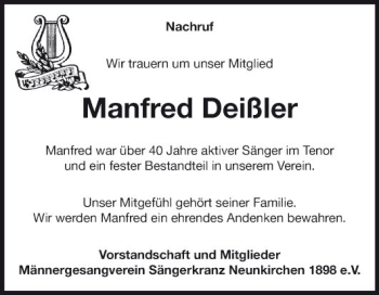 Traueranzeige von Manfred Deißler von Fränkische Nachrichten