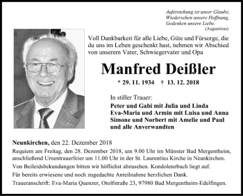 Traueranzeige von Manfred Deißler von Fränkische Nachrichten