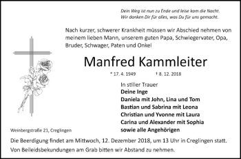 Traueranzeige von Manfred Kammleiter von Fränkische Nachrichten