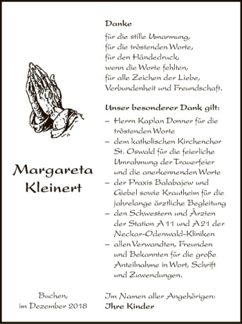 Traueranzeige von Margareta Kleinert von Fränkische Nachrichten