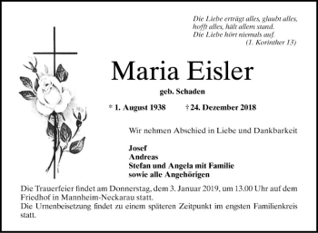 Traueranzeige von Maria Eisler von Mannheimer Morgen