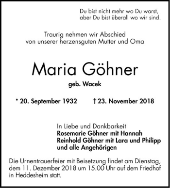 Traueranzeige von Maria Göhner von Mannheimer Morgen