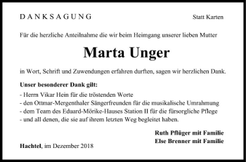 Traueranzeige von Marta Unger von Fränkische Nachrichten